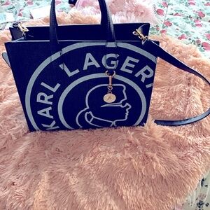New Elegant Karl Lagerfeld Blue Tote Bag Jeans Printed Design Adjustable Belt